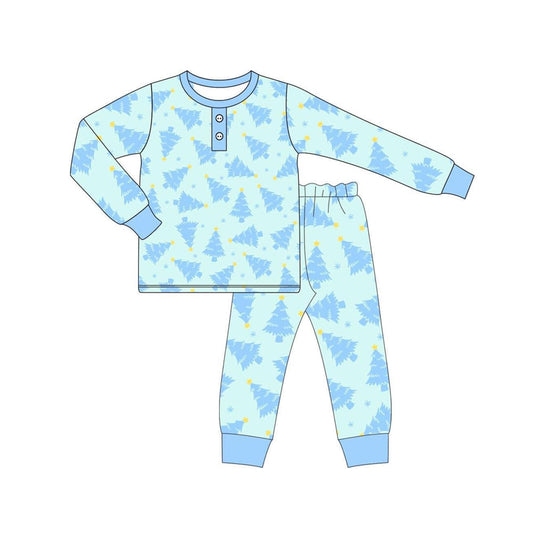 Pre-order Baby Boy Christmas Trees Shirt Pants Pajamas Blue Set