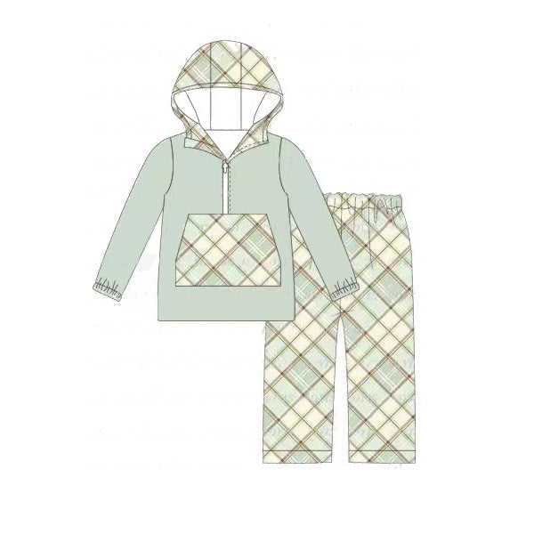 Pre-order Baby Boy Green Hooded Shirt Checkered Pants Clothes Set