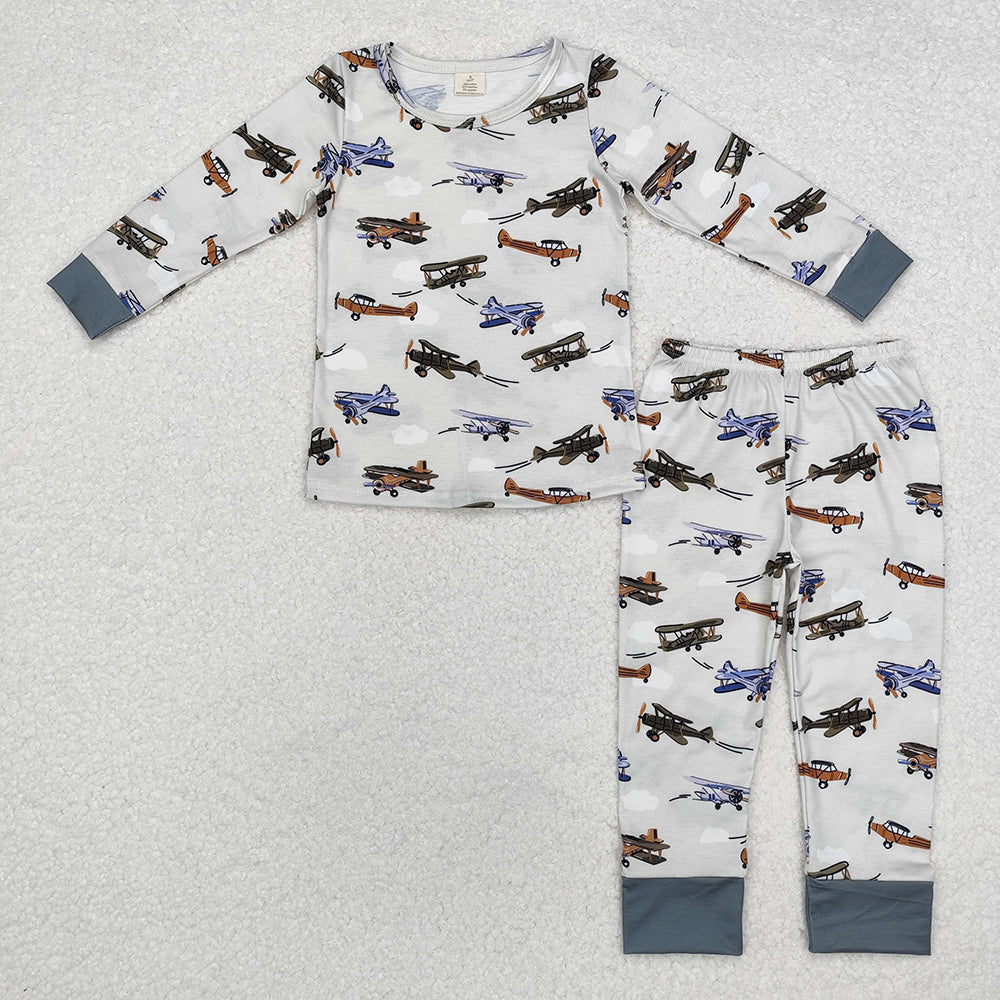 Baby Boy Long Sleeves Plane Sibling Brother Bamboo Romper Pajamas Set