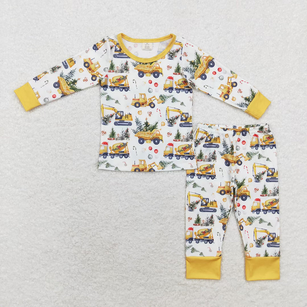 Baby Boy Christmas Digger Tree Bamboo Sibling Romper Pajamas Set