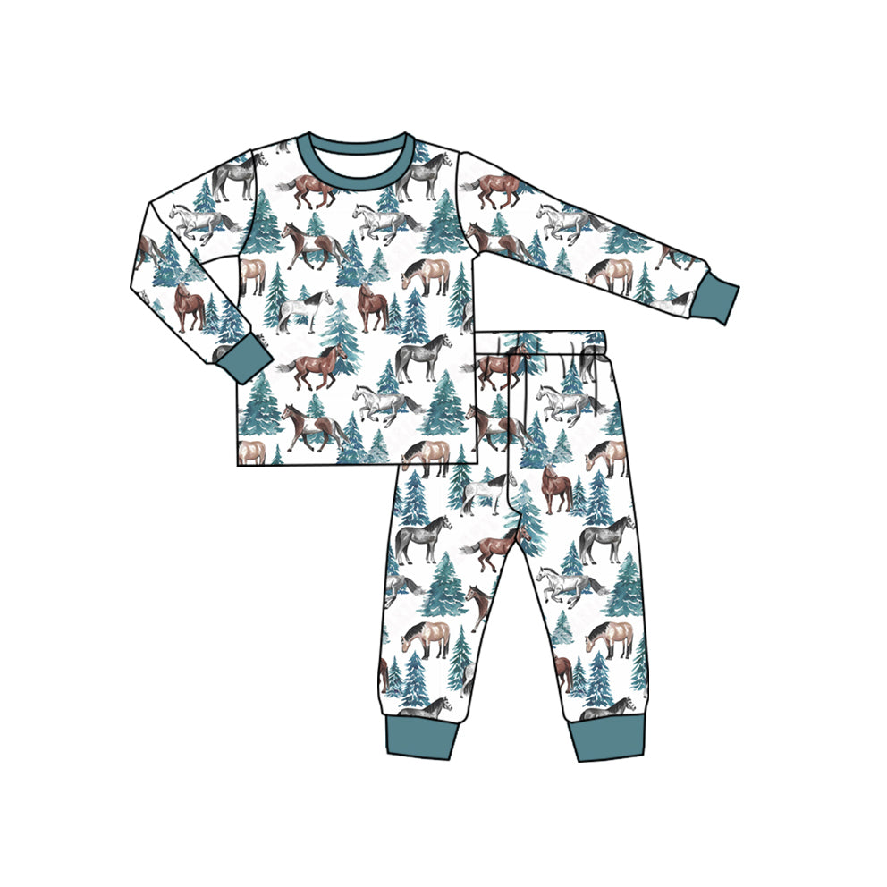 Pre-order Baby Boy Christmas Western Horse Shirt Pants Pajamas Set