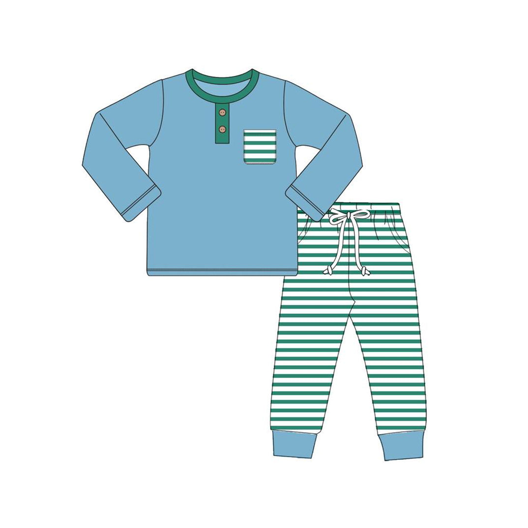 Pre-order Baby Boy Blue Pocket Tee Shirt Green Stripes Pants Pajamas Set