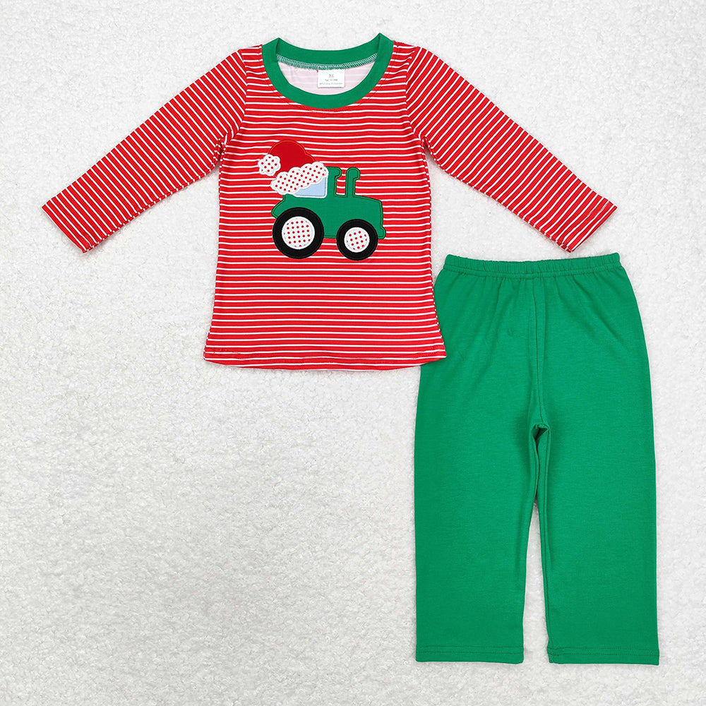 Baby Boy Embroidery Christmas Tractor Sibling Romper Clothes Set