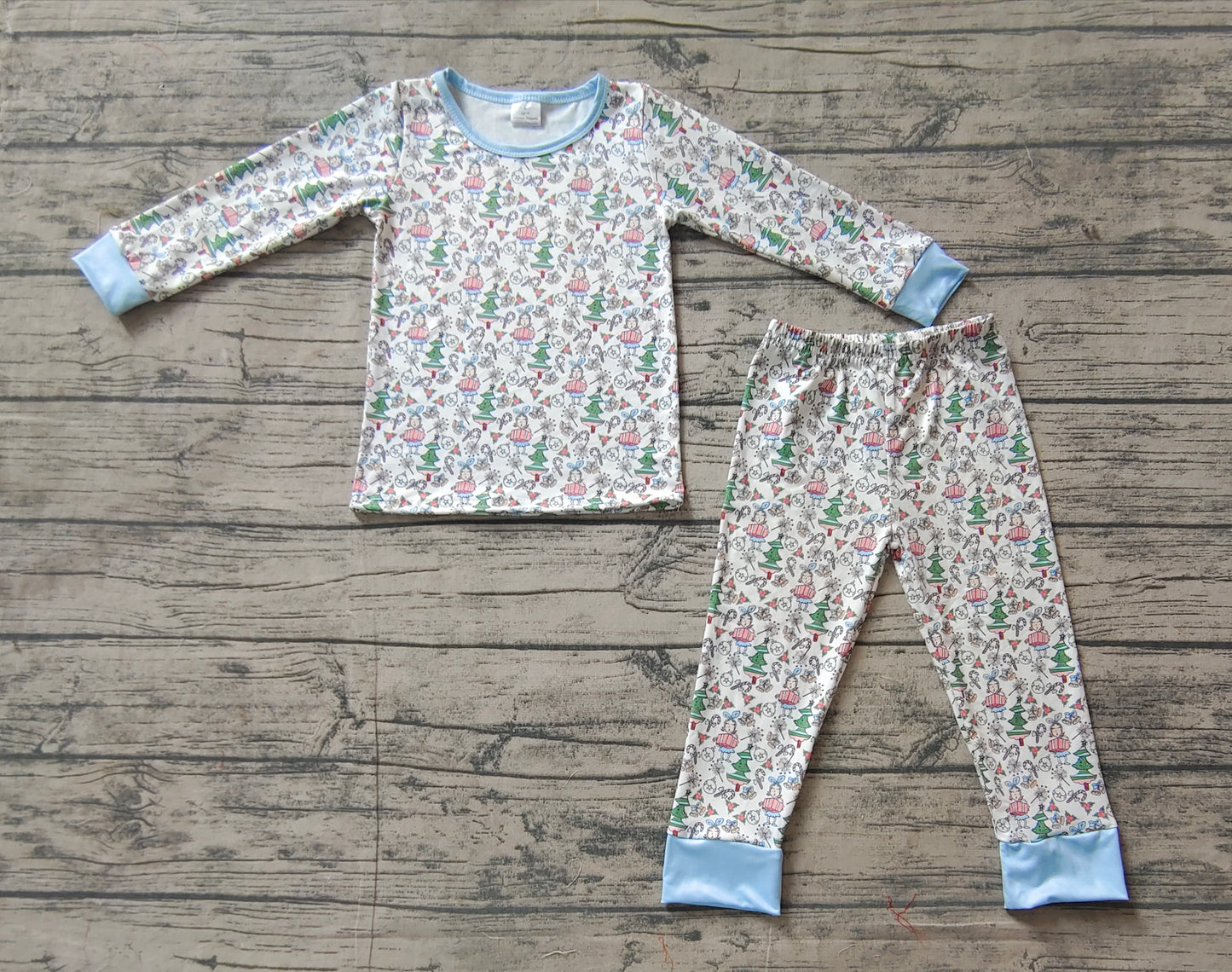 Baby Girl Long Sleeves Christmas Tree Shirt Pants Pajamas Blue Bamboo Set