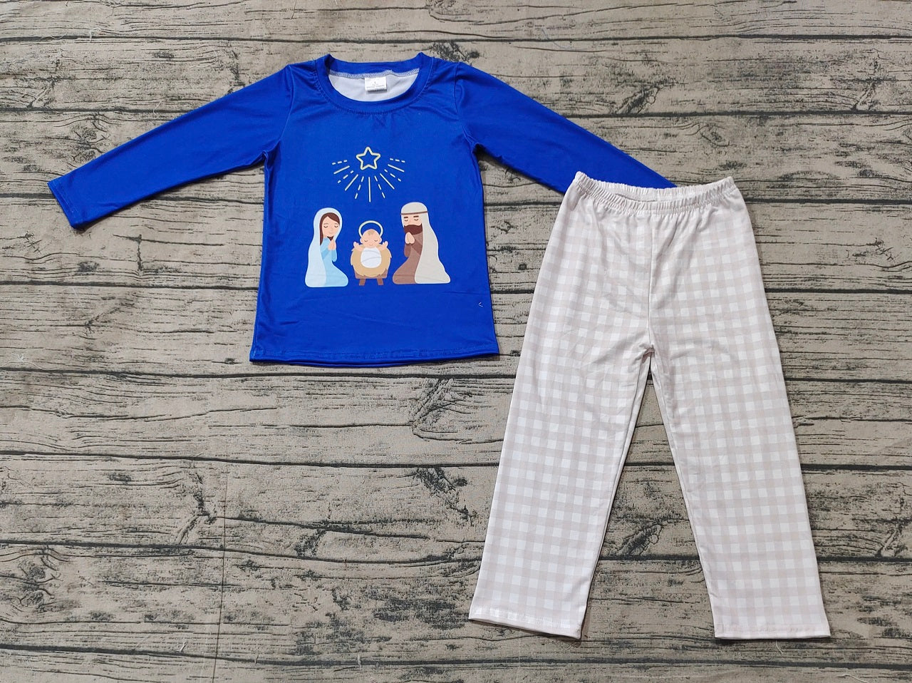 Baby Boy Long Sleeves Blue Christmas Nativity Shirt Pants Set