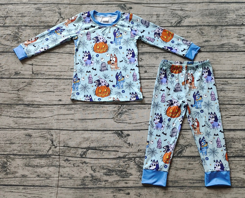 Baby Boy Kids Long Sleeves Halloween Blue Dogs Pumpkin Shirt Pants Pajamas Set