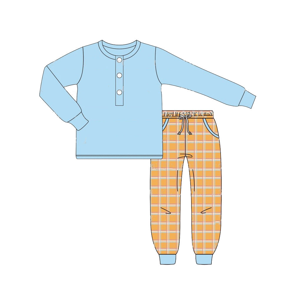 Pre-order Baby Boy Blue Buttons Shirt Checkered Pockets Pants Set