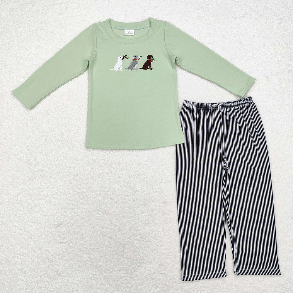 Baby Boy Embroidery Dogs Ducks Sibling Green Romper Clothes Set