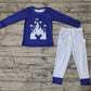 Baby Boy Long Sleeves Cartoon Castle Blue Shirt Plaid Pocket Pants Pajamas Set