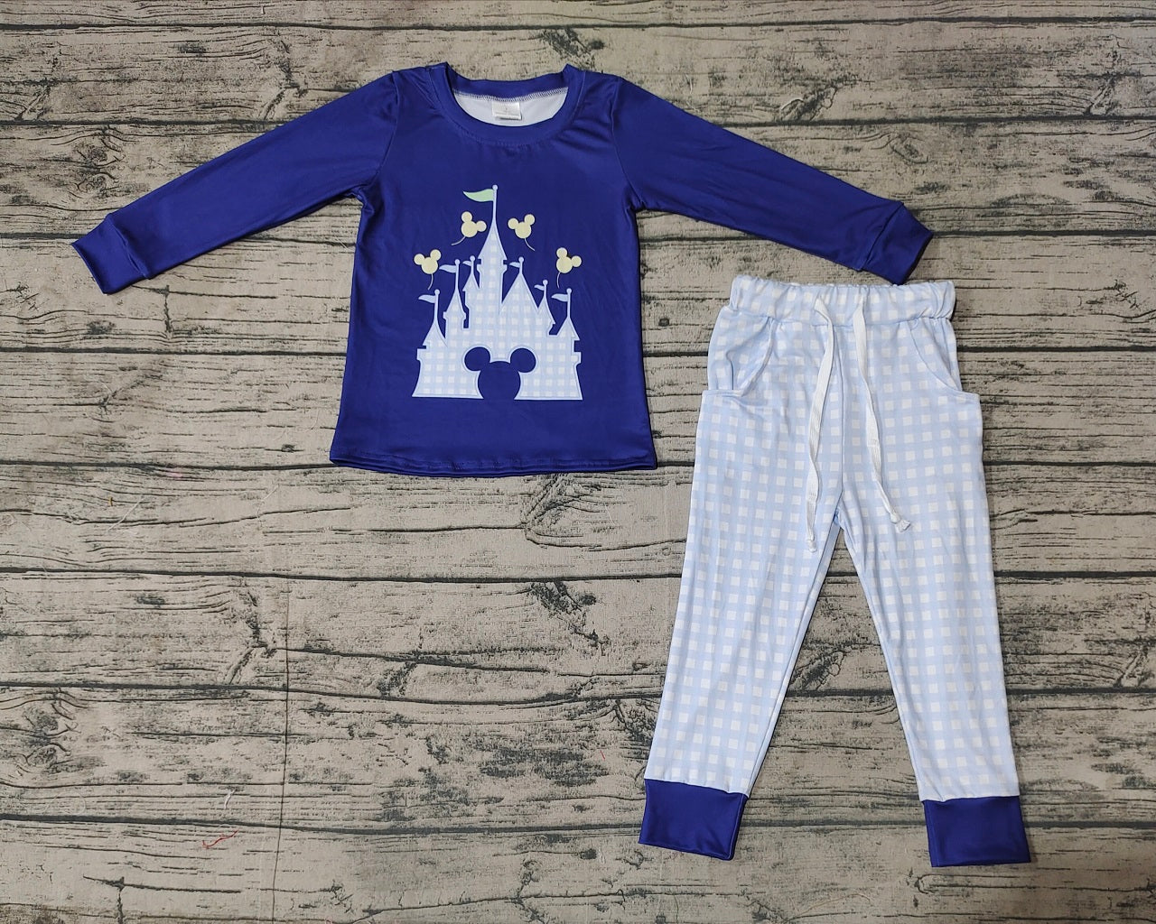 Baby Boy Long Sleeves Cartoon Castle Blue Shirt Plaid Pocket Pants Pajamas Set