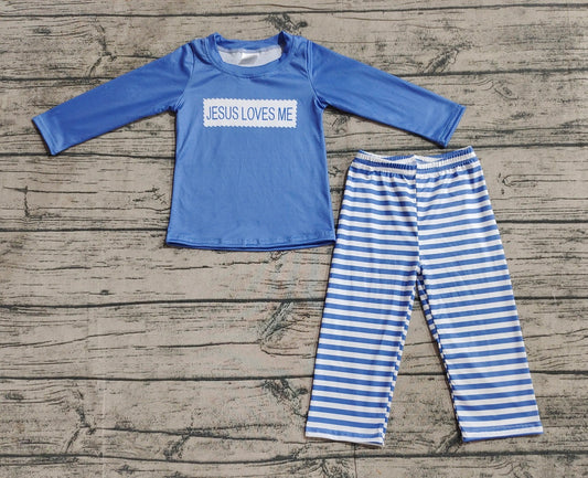 Pre-order Baby Boy Blue Stripes Jesus Loves Me Shirt Pants Set