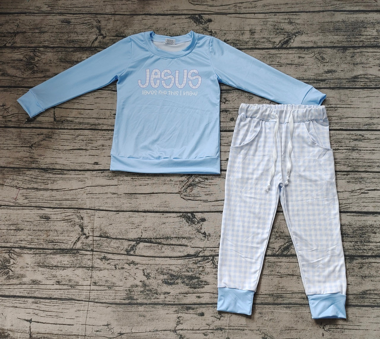 Baby Boy Long Sleeves Blue Jesus Print Shirt Checkered Pants Set