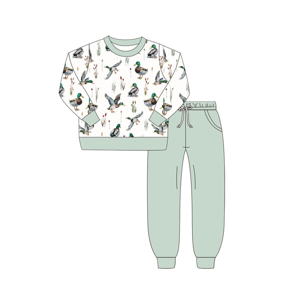 Pre-order Baby Boy Long Sleeves Ducks Shirt Pocket Green Pants Set