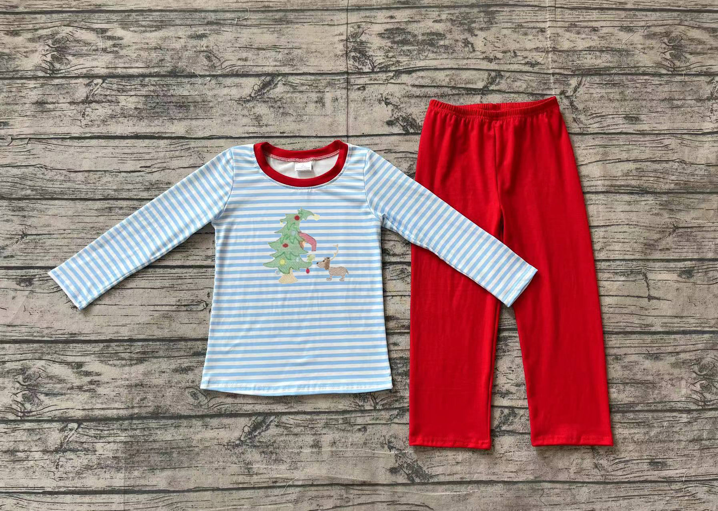 Baby Boy Long Sleeves Christmas Embroidery Tree Dog Shirt Red Pants Set