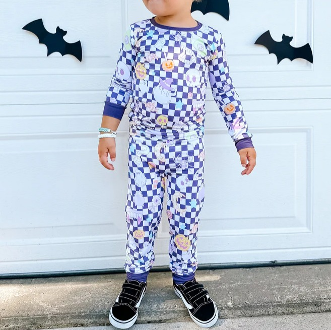 Pre-order Baby Boy Halloween Checkered Ghost Shirt Pants Pajamas Set