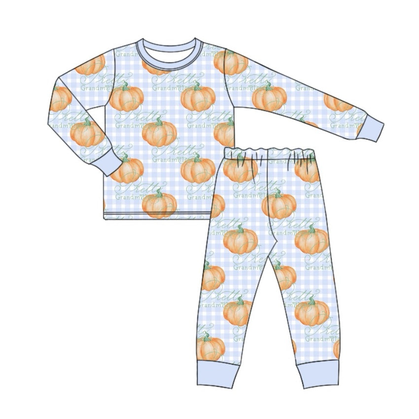 Pre-order Baby Boy Blue Checkered Pumpkin Shirt Pants Pajamas Set