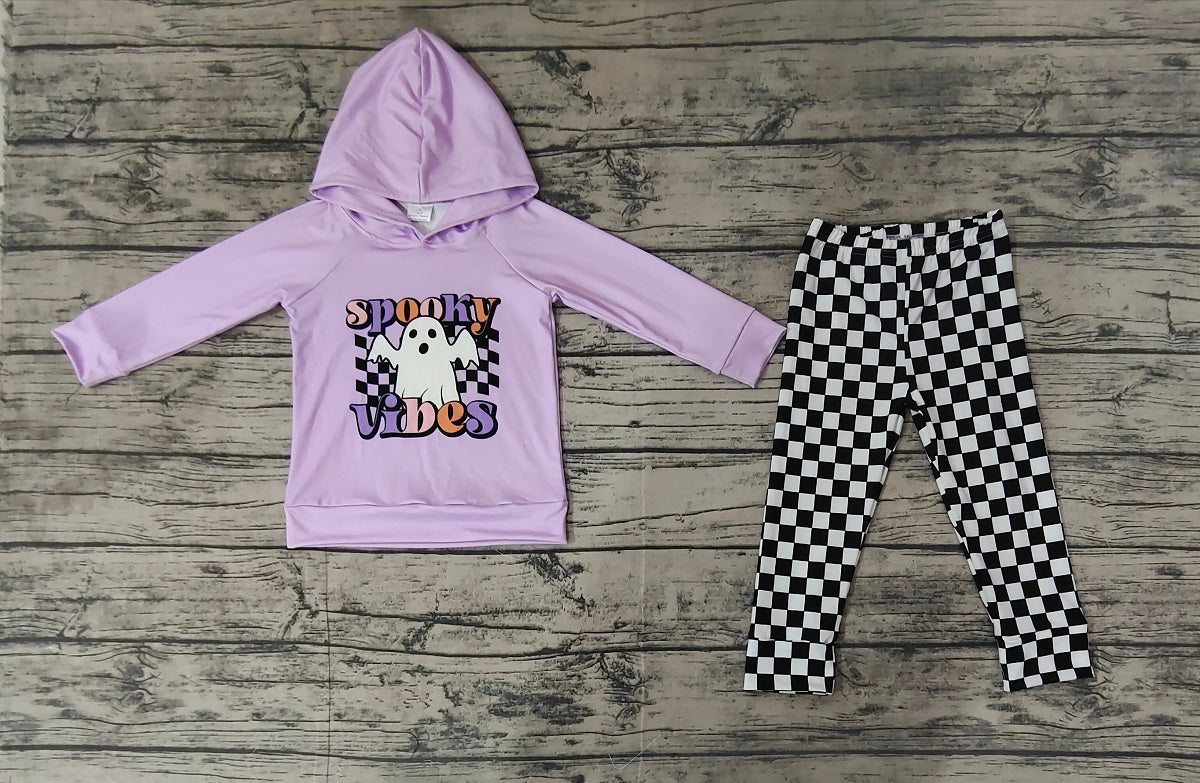 Baby Girl Halloween Spooky Hoodie Purple Tops Checked Pants Set