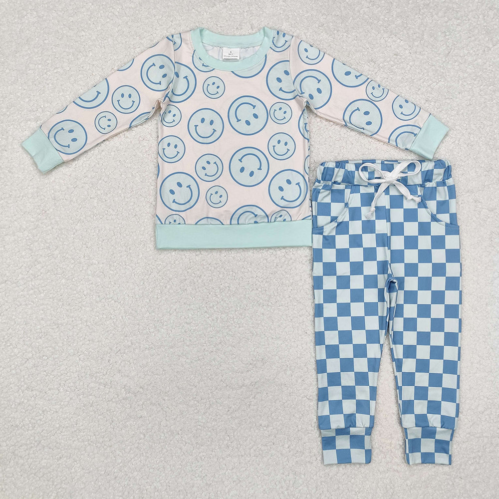 Baby Boy Girl Long Sleeves Smile Shirt Checkered Pants Sibling Clothes Set