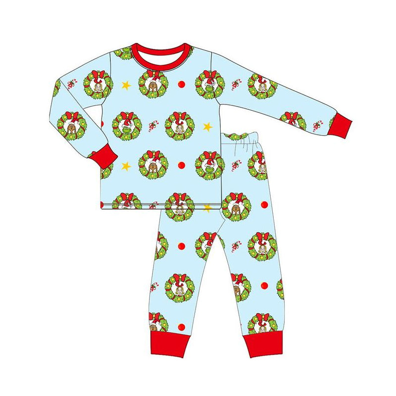 Pre-order Baby Girl Christmas Green Face Shirt Pants Pajamas Set