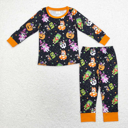 Baby Boy Girl Long Sleeves Halloween Dog Pumpkin Sibling Romper Pajamas Set