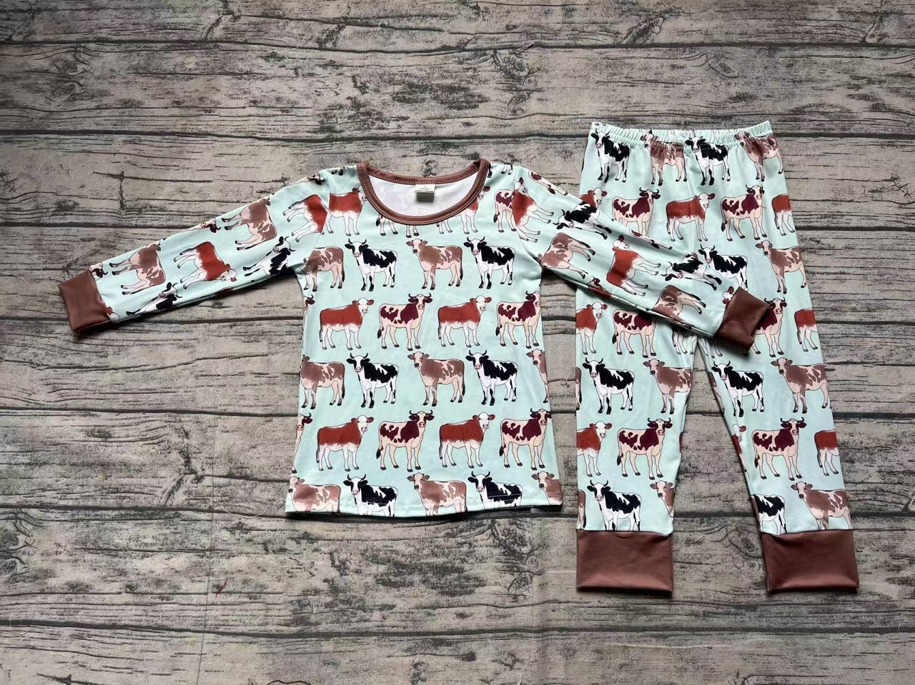 Baby Boy Long Sleeves Western Cows Farm Shirt Pants Pajamas Bamboo Set