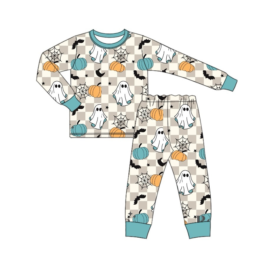 Pre-order Baby Boy Ghost Pumpkin Plaid Shirt Pants Halloween Pajamas Clothes Set