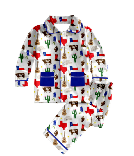 Pre-order Baby Boy Texas Cactus Cow Pockets Buttons Top Pants Pajamas Clothes Set