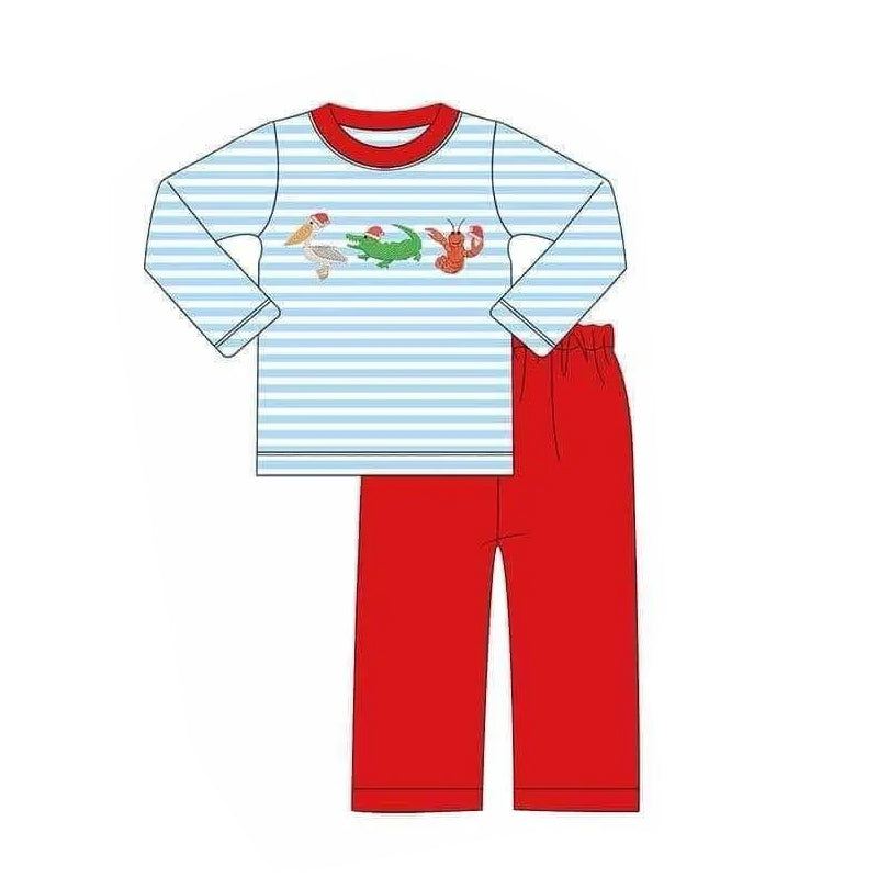 Pre-order Baby Boy Christmas Crawfish Duck Blue Stripes Shirt Red Pants Set