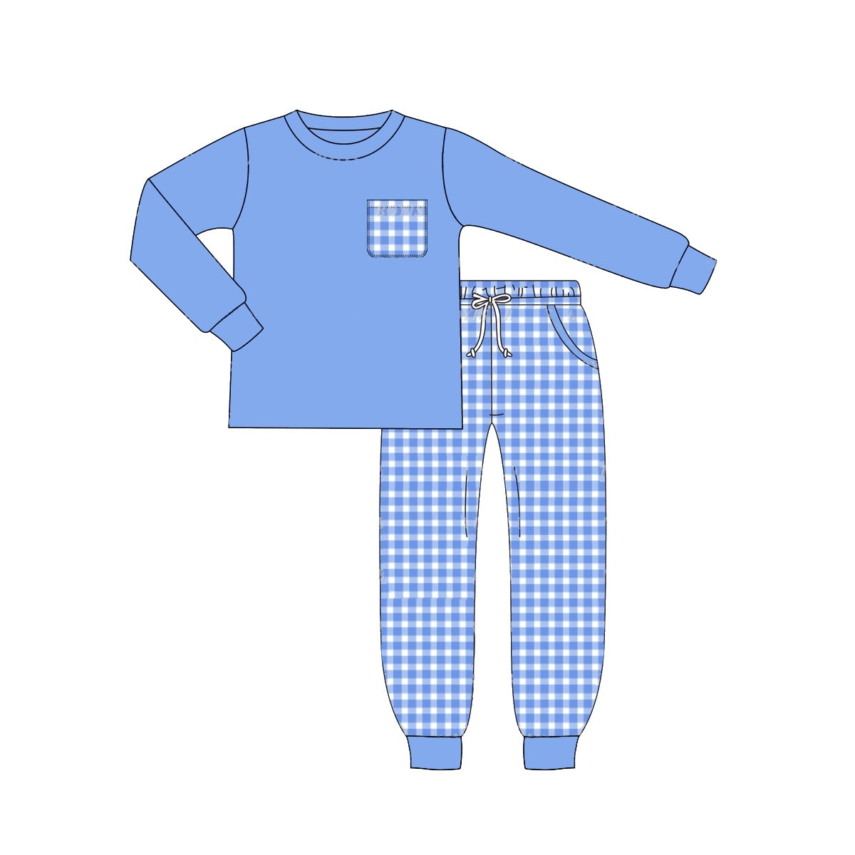 Pre-order Baby Boy Blue Pocket Shirt Checkered Pants Outfit Set