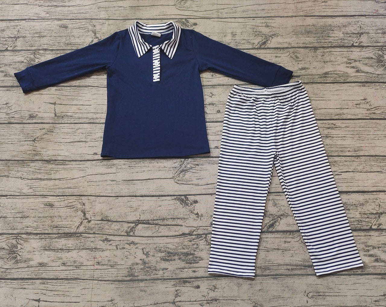 Baby Boy Long Sleeves Navy Shirt Stripes Pants Outfit Set