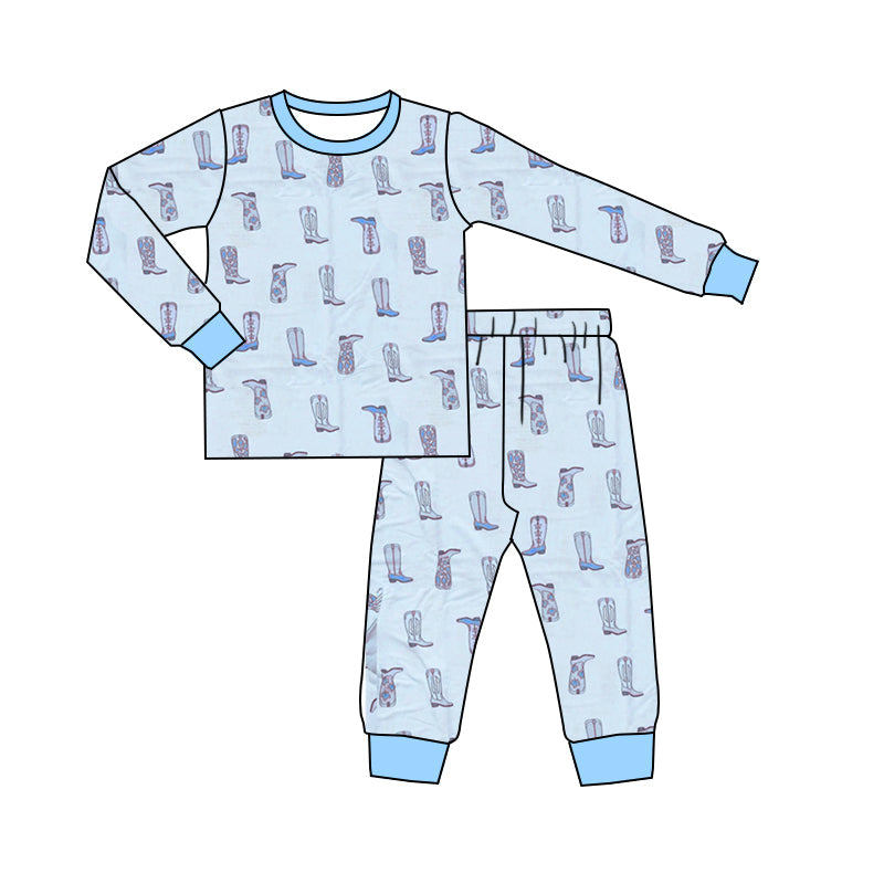 Pre-order Baby Boy Western Boots Shirt Pants Pajamas Blue Outfit Set