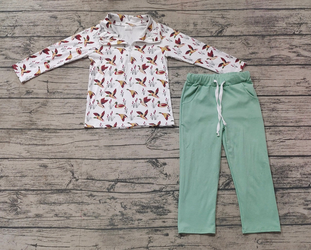 Baby Boy Long Sleeves Ducks Zipper Shirt Green Cotton Pants Clothes Hunting Set