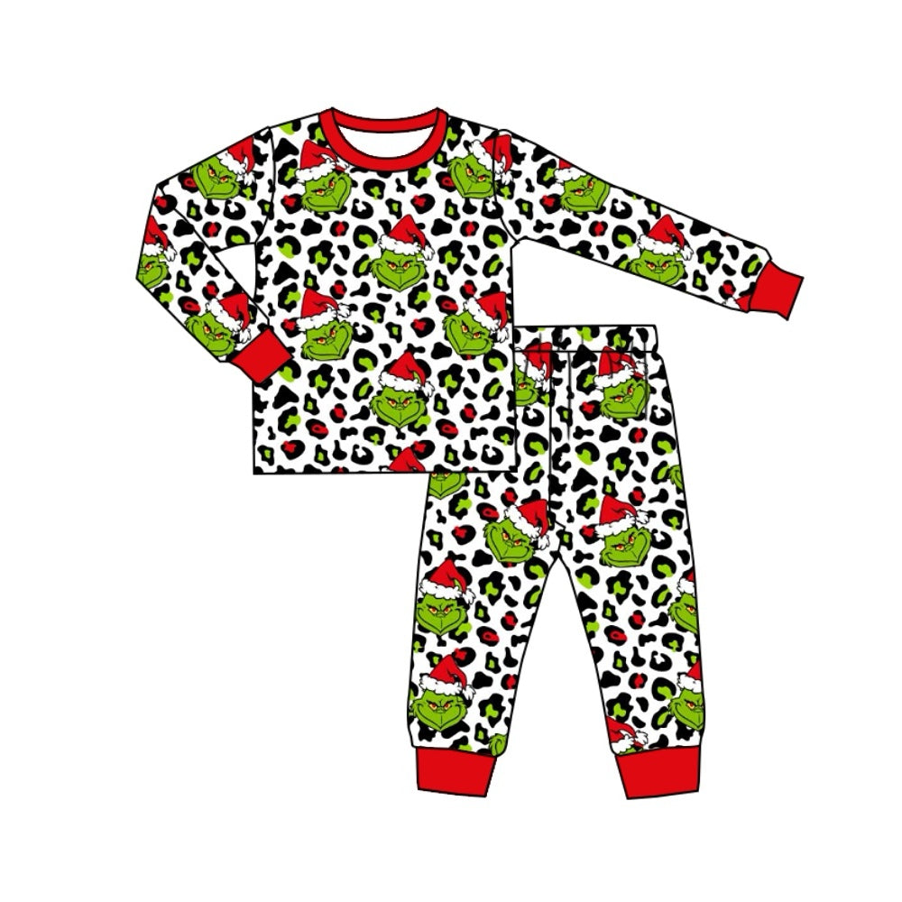 Pre-order Baby Boy Christmas Leopard Green Face Shirt Pants Pajamas Clothes Set