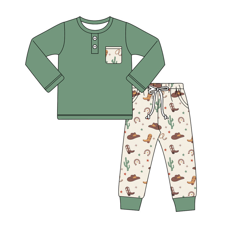 Pre-order Baby Boy Green Pocket Shirt Western Boots Pants Clothes Set