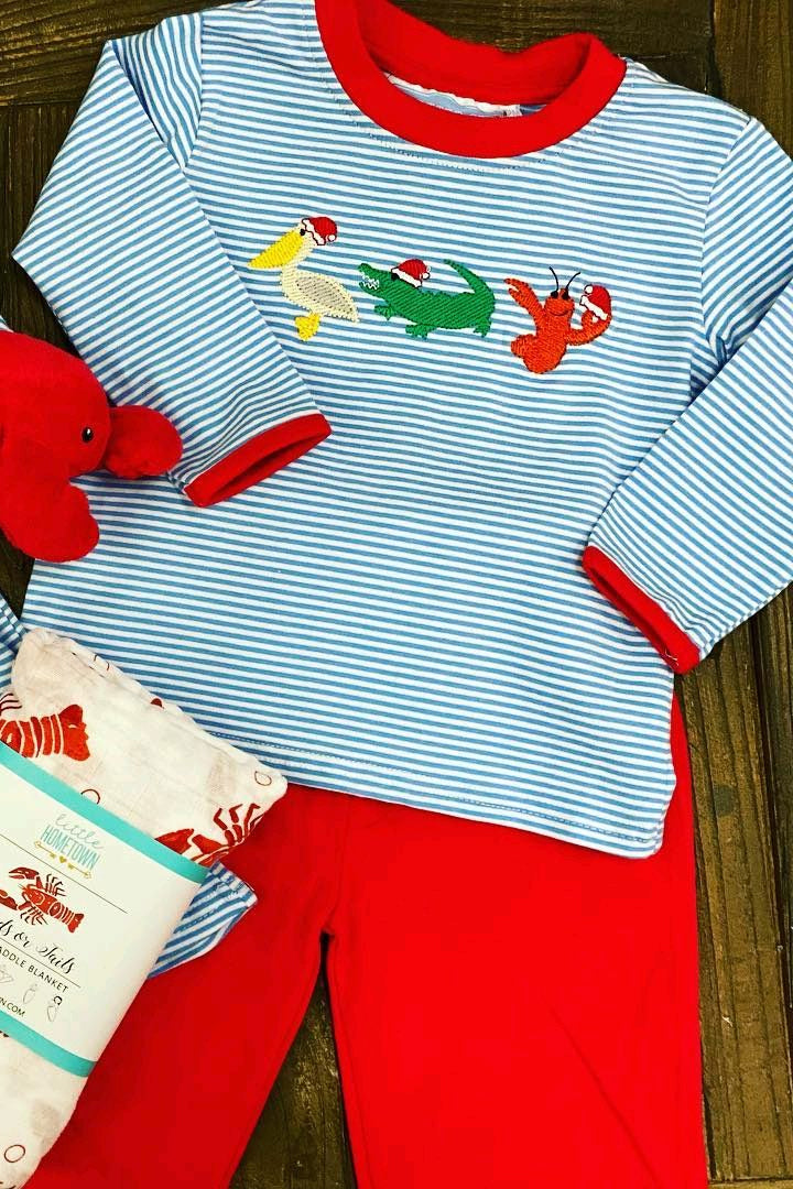 Pre-order Baby Boy Christmas Animals Stripes Shirt Red Pants Pajamas Set