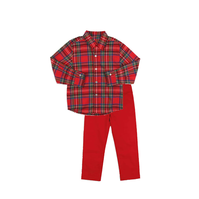 Pre-order Baby Boy Long Sleeves Plaid Buttons Shirt Red Pants Christmas Clothes Set