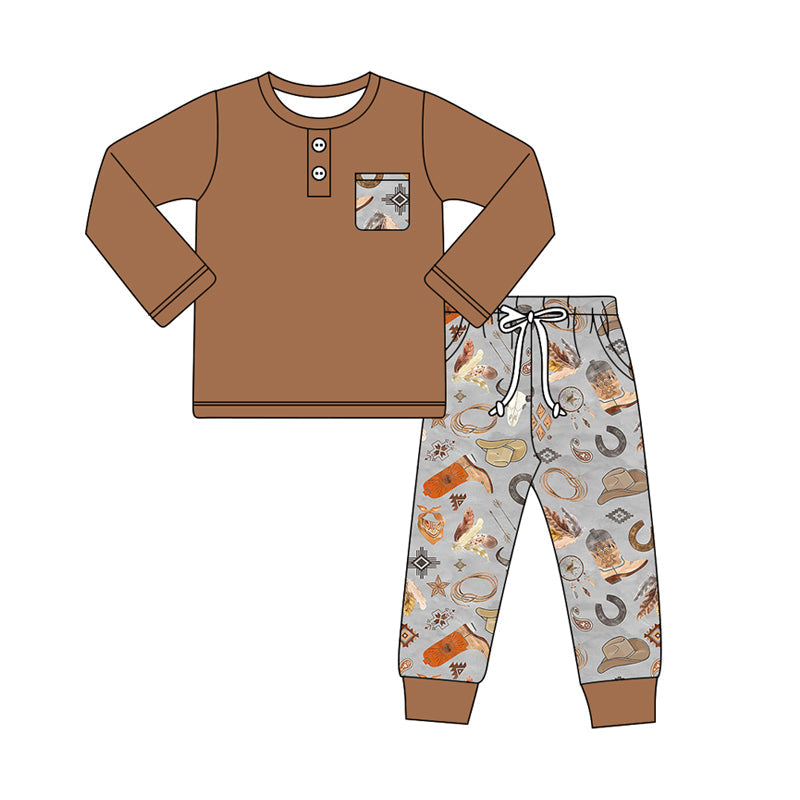 Pre-order Baby Boy Western Brown Shirt Boots Hats Pants Clothes Set