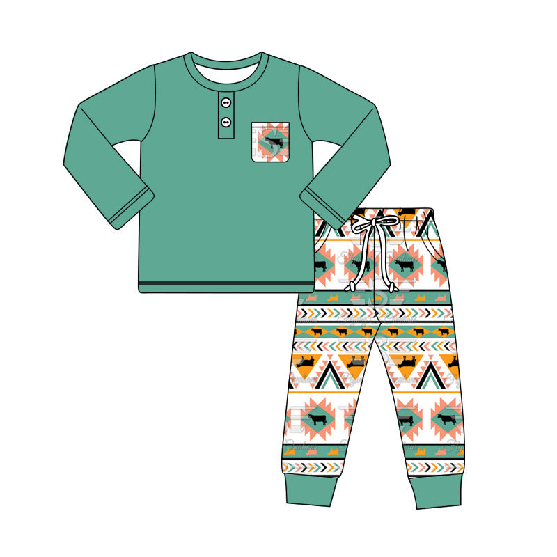 Pre-order Baby Boy Pocket Green Shirt Aztec Cow Pants Clothes Western Set