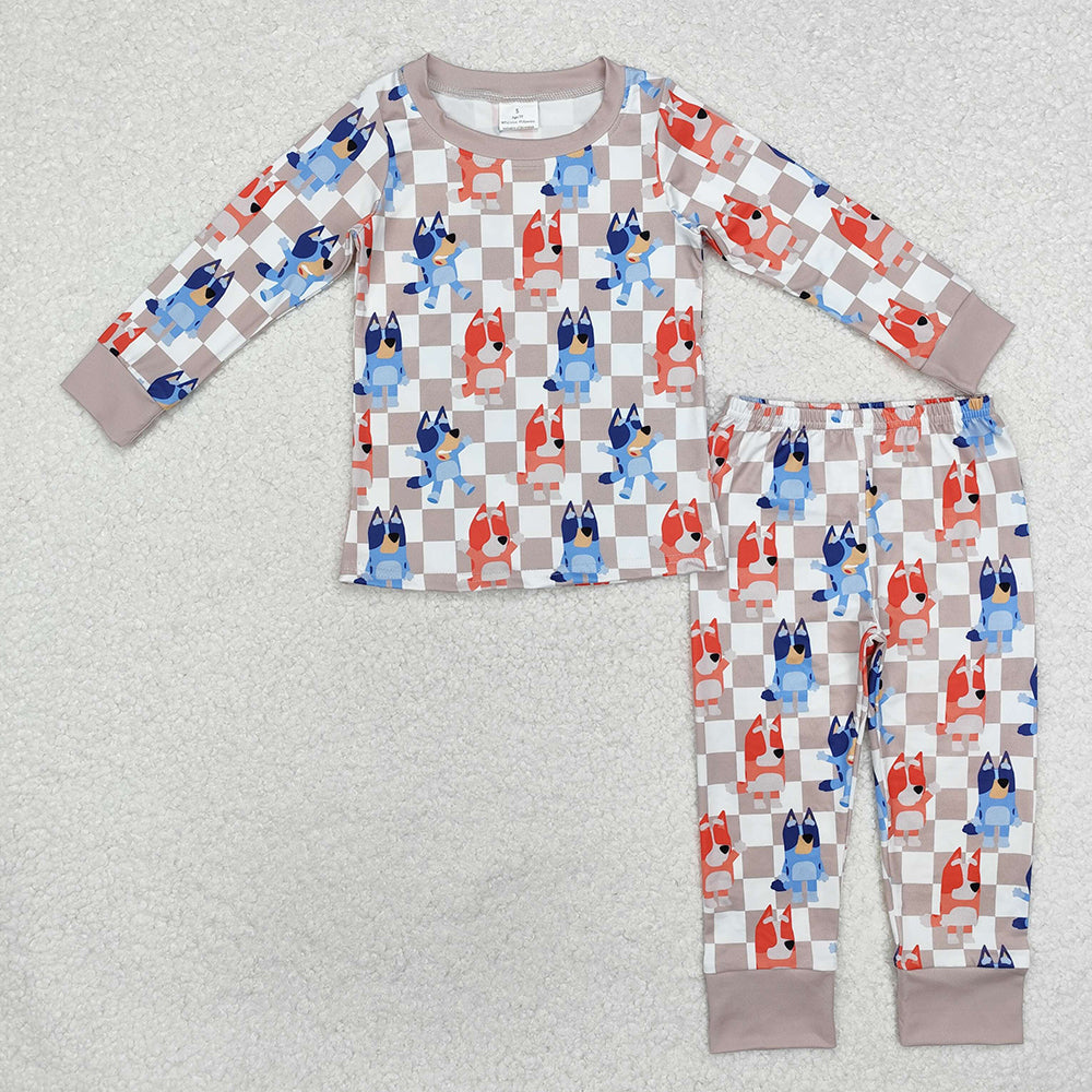 Baby Boy Long Sleeves Dogs Checkered Sibling Rompers Pajamas Set