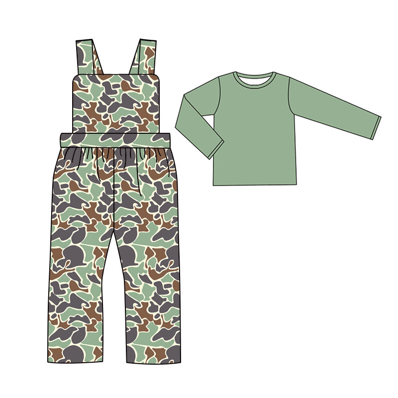 Baby Boy Long Sleeves Green Cotton Shirt Camo Straps Jumpsuit Clothes Set