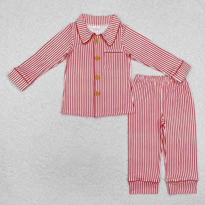 Baby Boy Girl Long Sleeves Red Stripes Buttons Sibling Dress Pajamas Set RTS