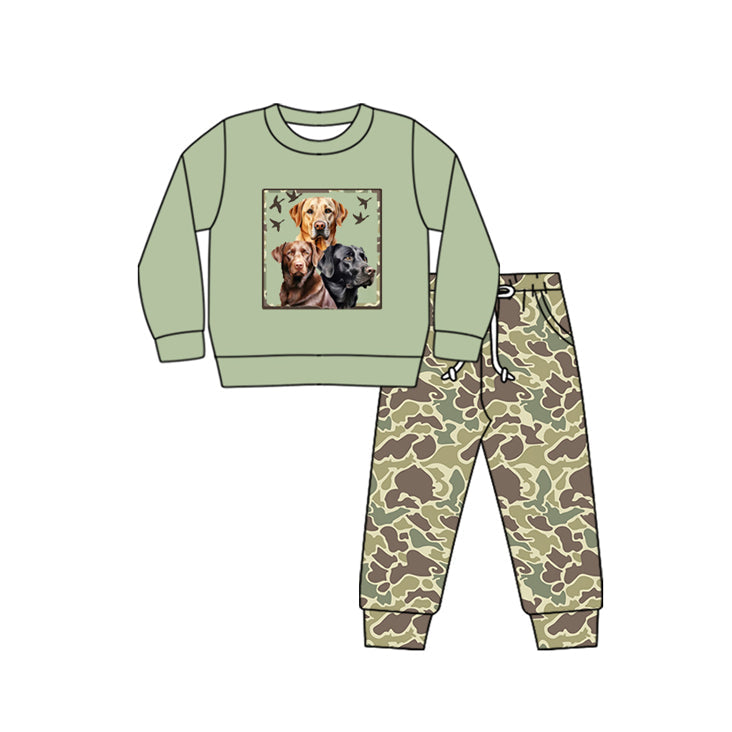 Pre-order Baby Boy Green Dogs Shirt Camo Pants Clothes Hunting Set