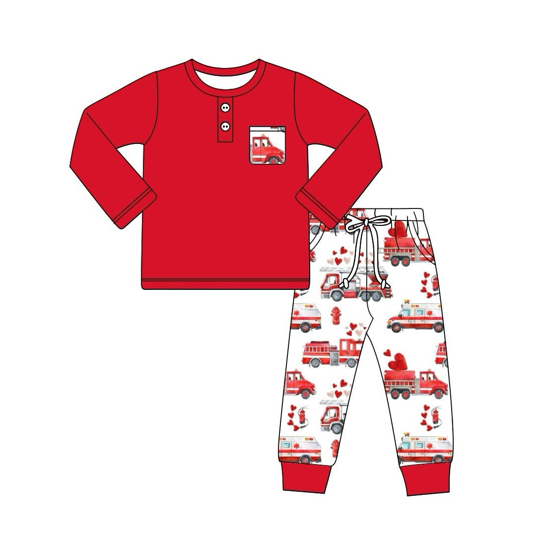 Pre-order Baby Boy Long Sleeves Red Shirt Firetruck Pants Valentines Outfit Clothes Set