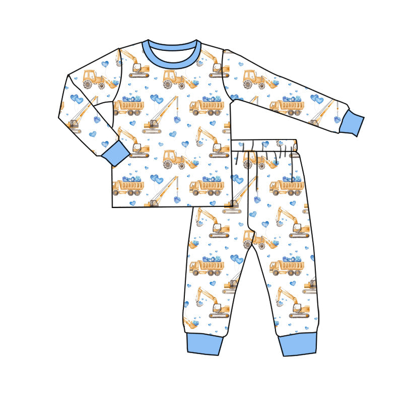 Pre-order Baby Boy Long Sleeves Valentine Tractor Heart Shirt Pants Pajamas Clothes Set