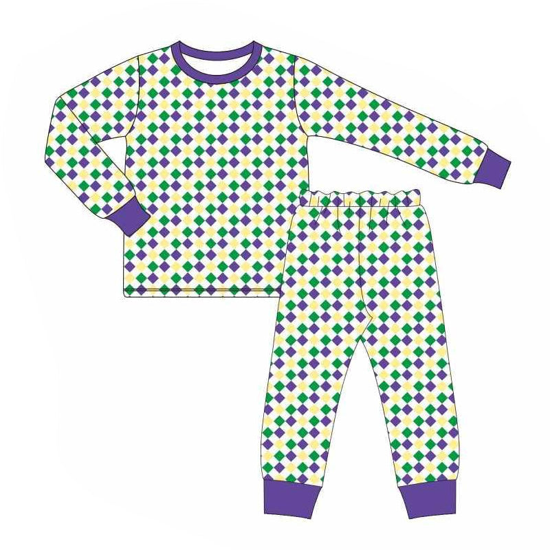 Preorder Baby Boy Long Sleeves Mardi Gras Plaid Shirt Pants Pajamas Kids Clothes Set