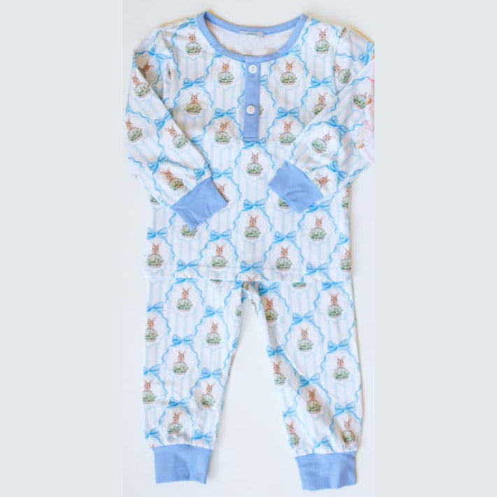 Preorder Baby Boy Long Sleeves Blue Easter Rabbit Tie Shirt Pants Pajamas Clothes Set