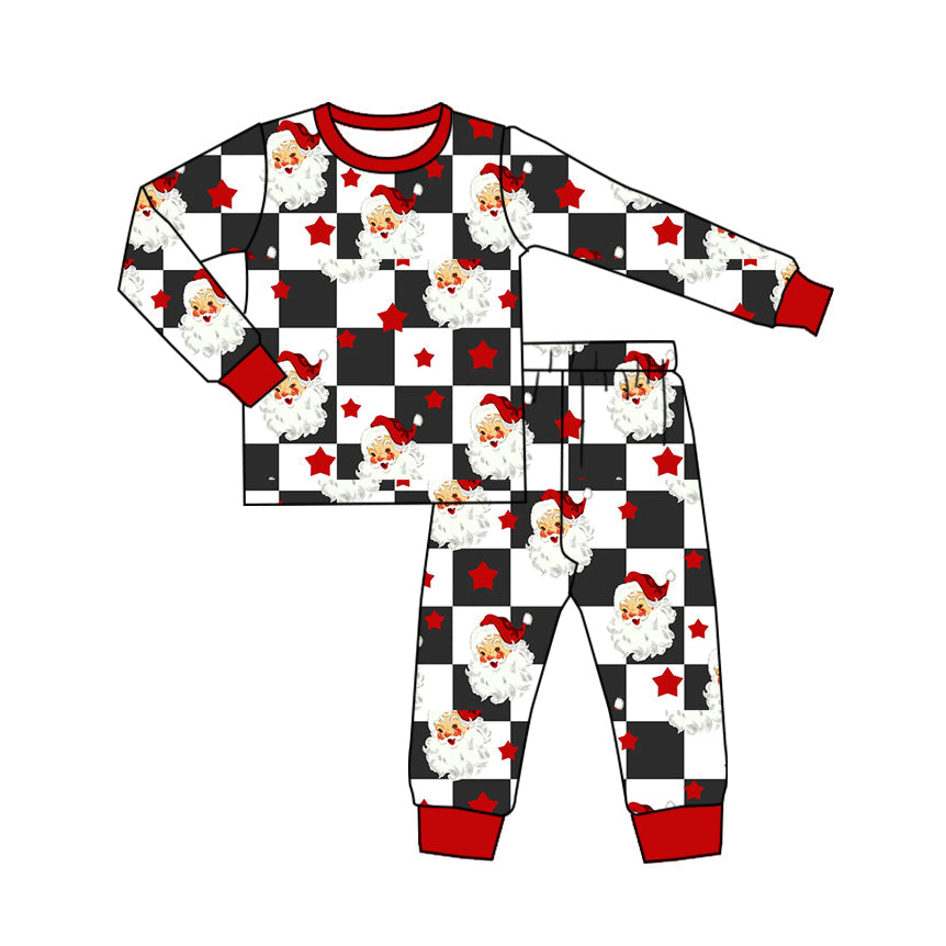 ( Moq 5 ) Preorder Baby Boy Long Sleeves Checked Santa Stars Shirt Pants Christmas Pajamas Set