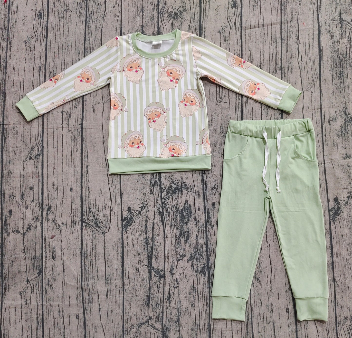 Baby Boy Long Sleeves Stripes Santa Shirt Pockets Green Pants Christmas Set RTS