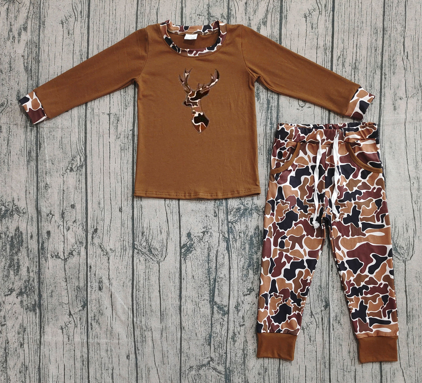 ( No moq ) Preorder Baby Boy Brown Long Sleeves Embroidery Deer Shirt Pockets Camo Pants Set