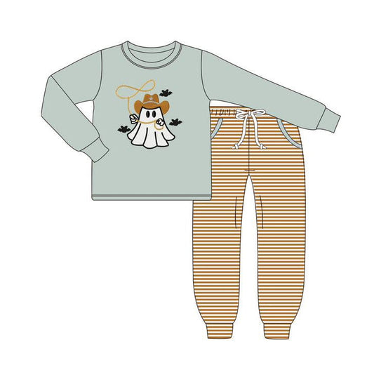 ( Moq 5 ) Preorder Baby Boy Long Sleeves Ghost Halloween Shirt Stripes Pockets Pants Set
